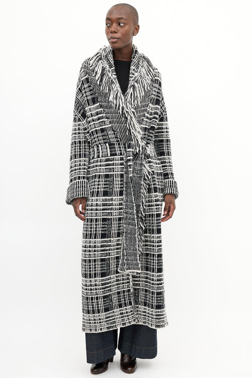 Dorothee Schumacher Black 
White Tweed Boucle Fringe Coat