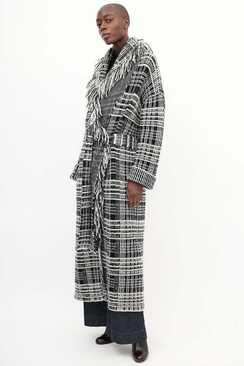 Dorothee Schumacher Black 
White Tweed Boucle Fringe Coat