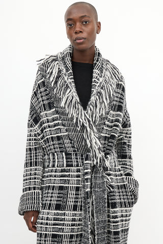 Dorothee Schumacher Black 
White Tweed Boucle Fringe Coat