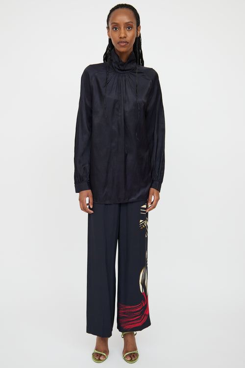 Dries Van Noten Navy Gathered Button Blouse