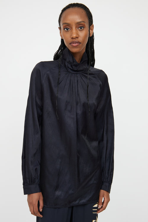 Dries Van Noten Navy Gathered Button Blouse