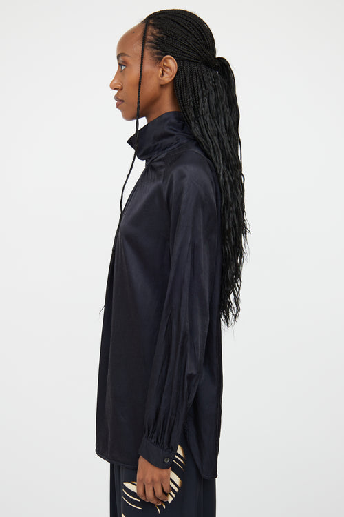 Dries Van Noten Navy Gathered Button Blouse