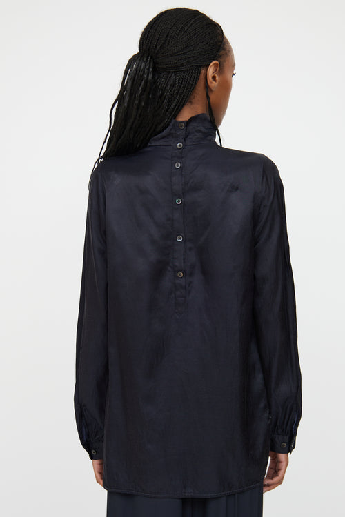 Dries Van Noten Navy Gathered Button Blouse