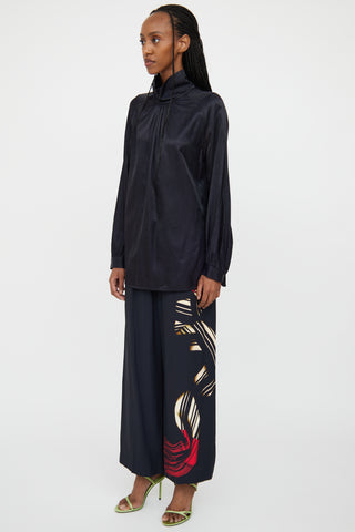 Dries Van Noten Navy Printed Wide Leg Pant