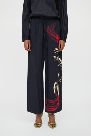 Dries Van Noten Navy Printed Wide Leg Pant