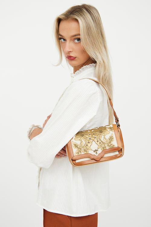 Dries Van Noten Cream 
Brown Canvas Embroidered Bag