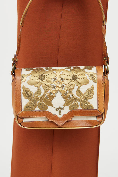 Dries Van Noten Cream 
Brown Canvas Embroidered Bag