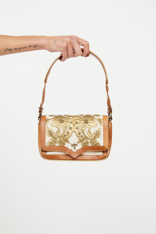 Dries Van Noten Cream 
Brown Canvas Embroidered Bag