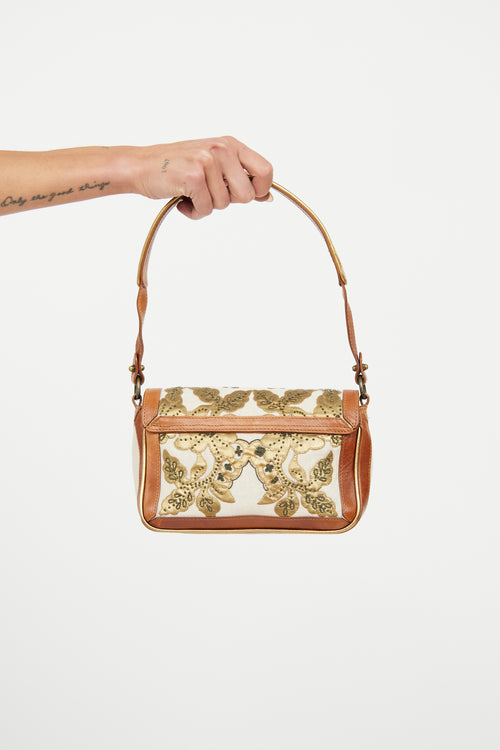 Dries Van Noten Cream 
Brown Canvas Embroidered Bag