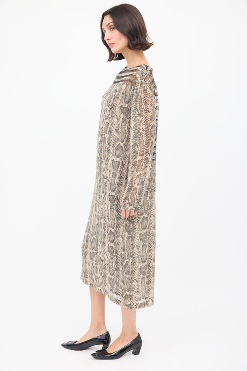 Dries Van Noten Beige 
Black Panelled Printed Shift Dress