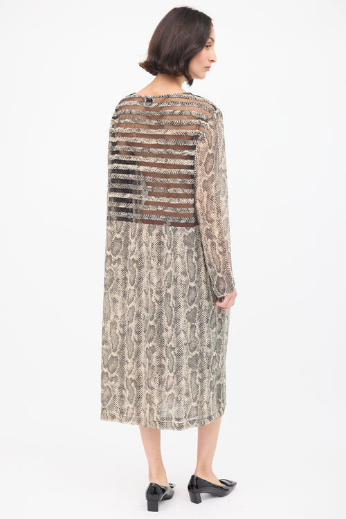 Dries Van Noten Beige 
Black Panelled Printed Shift Dress