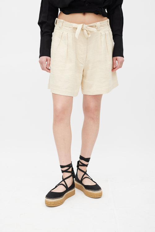 Dries Van Noten Beige Linen Cotton 
Silk Textured Tie Waist Shorts