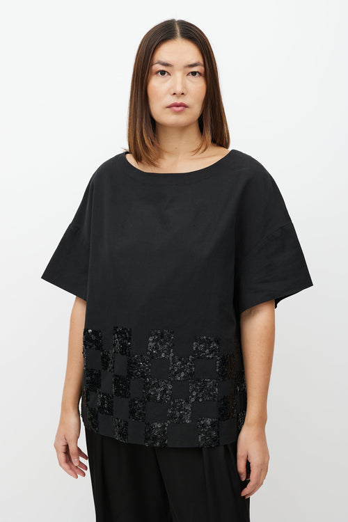 Dries Van Noten Black Sequin Checker Short Sleeve Top