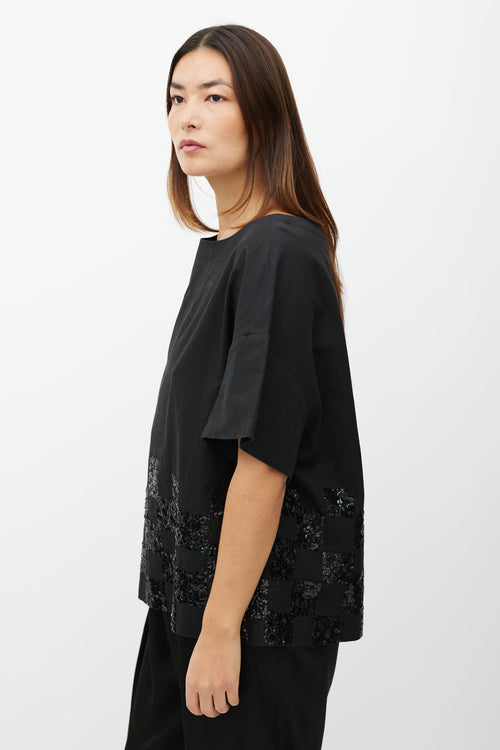 Dries Van Noten Black Sequin Checker Short Sleeve Top