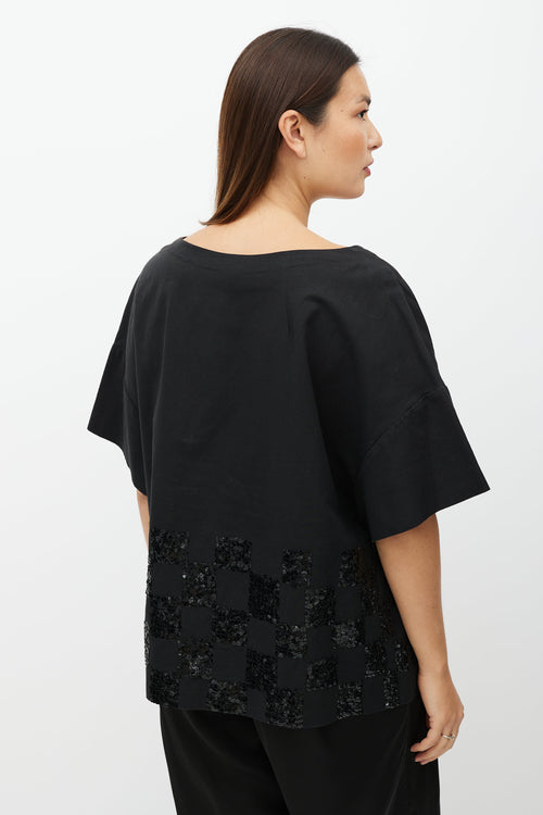 Dries Van Noten Black Sequin Checker Short Sleeve Top