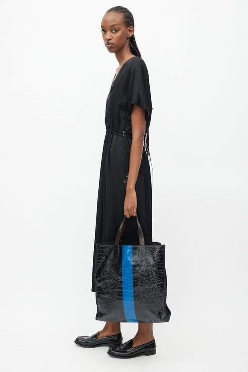 Dries Van Noten Black 
Blue Embossed Leather Tote Bag