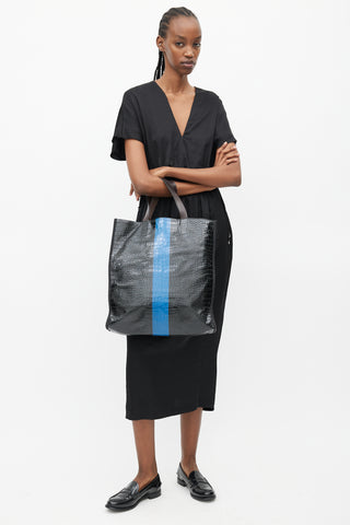 Dries Van Noten Black 
Blue Embossed Leather Tote Bag