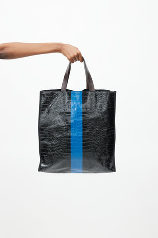 Dries Van Noten Black 
Blue Embossed Leather Tote Bag