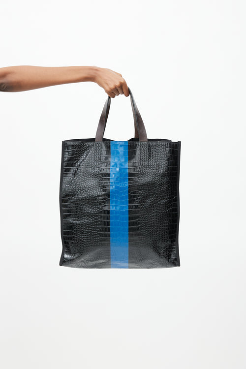 Dries Van Noten Black 
Blue Embossed Leather Tote Bag