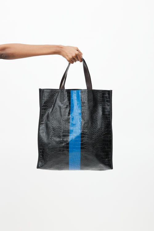 Dries Van Noten Black 
Blue Embossed Leather Tote Bag