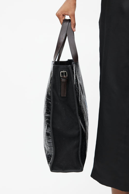 Dries Van Noten Black 
Blue Embossed Leather Tote Bag