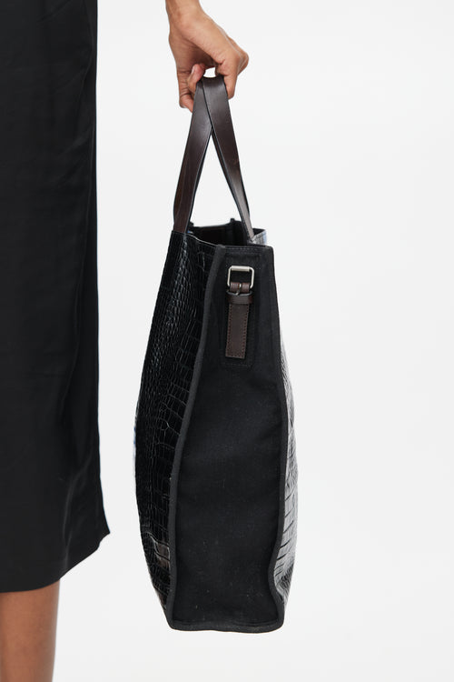 Dries Van Noten Black 
Blue Embossed Leather Tote Bag