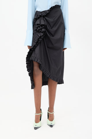 Dries Van Noten Black Cotton Ruffled Sarong Skirt