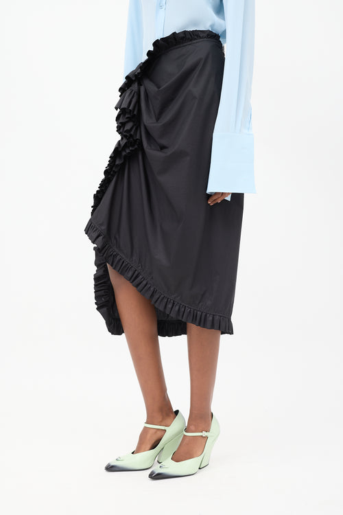 Dries Van Noten Black Cotton Ruffled Sarong Skirt