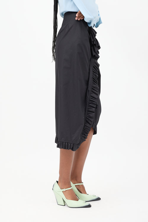 Dries Van Noten Black Cotton Ruffled Sarong Skirt