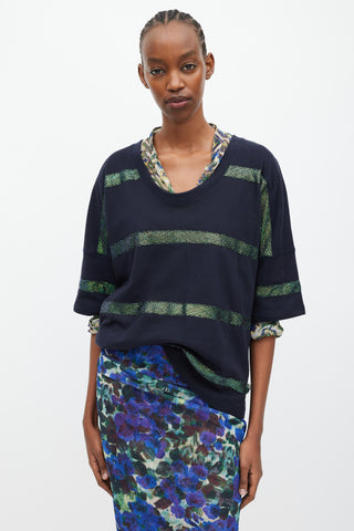 Dries Van Noten Black 
Green Metallic Striped T-Shirt