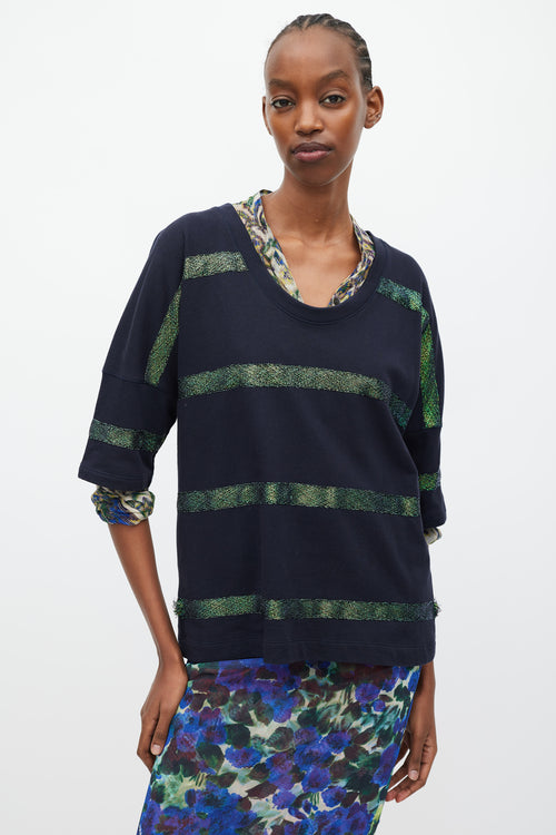 Dries Van Noten Black 
Green Metallic Striped T-Shirt