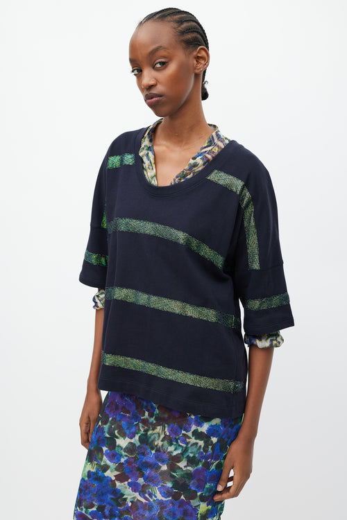 Dries Van Noten Black 
Green Metallic Striped T-Shirt