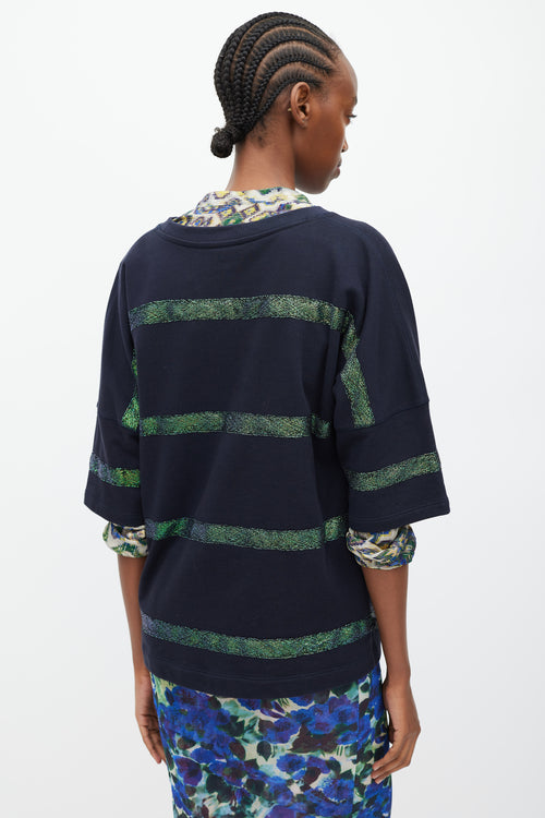 Dries Van Noten Black 
Green Metallic Striped T-Shirt