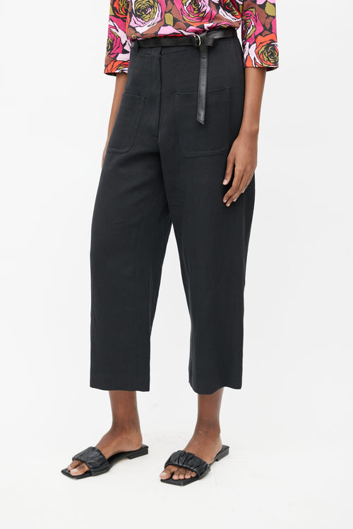 Dries Van Noten Black Linen Wide Leg Belted Trouser