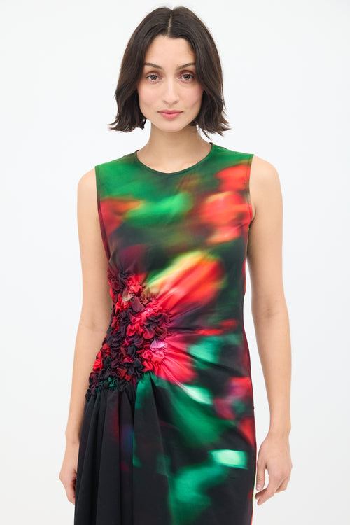 Dries Van Noten Black 
Multicolour Docke Dyed Gathered Midi Dress