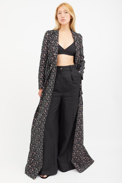 Dries Van Noten Black 
Multicolour Print Jacquard Belted Coat