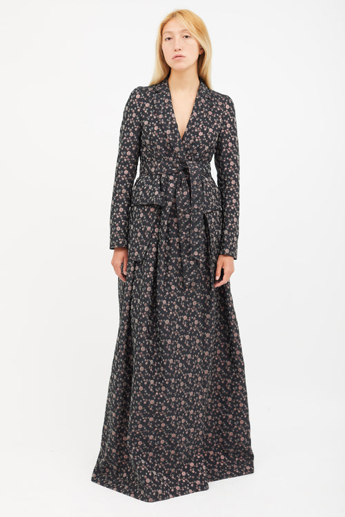 Dries Van Noten Black 
Multicolour Print Jacquard Belted Coat