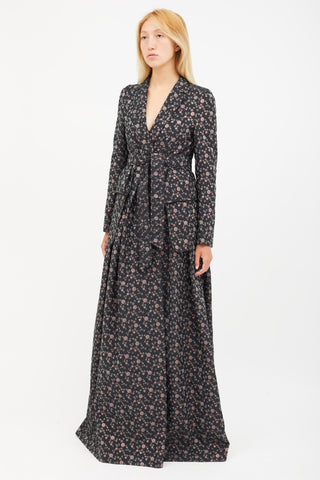 Dries Van Noten Black 
Multicolour Print Jacquard Belted Coat