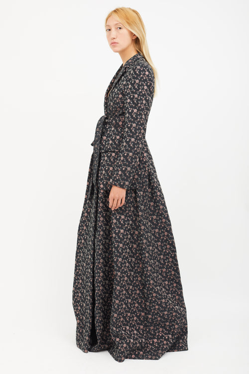 Dries Van Noten Black 
Multicolour Print Jacquard Belted Coat