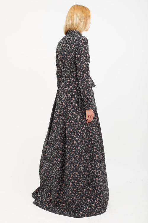 Dries Van Noten Black 
Multicolour Print Jacquard Belted Coat