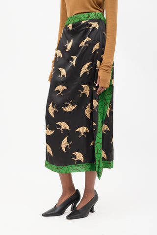 Dries Van Noten Black 
Multicolour Silk Printed Midi Skirt