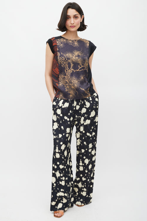 Dries Van Noten Black 
Multicolour Silk Printed Panelled Top