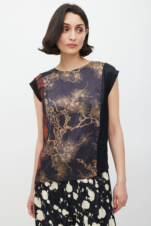 Dries Van Noten Black 
Multicolour Silk Printed Panelled Top