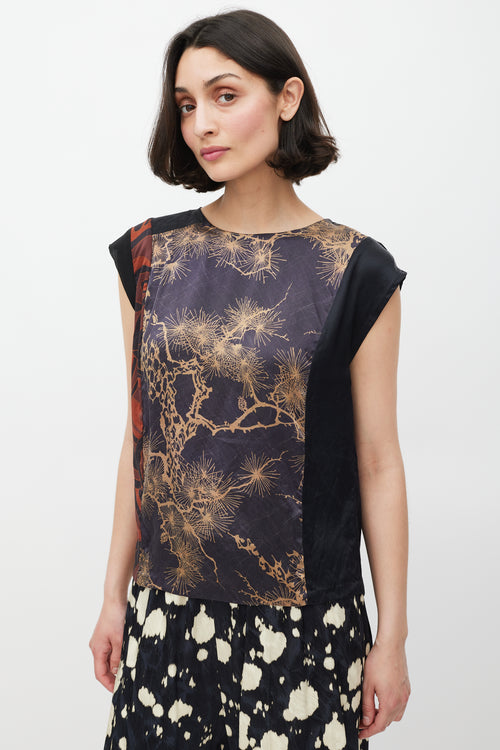 Dries Van Noten Black 
Multicolour Silk Printed Panelled Top