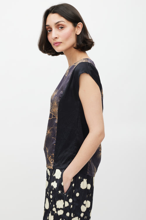 Dries Van Noten Black 
Multicolour Silk Printed Panelled Top