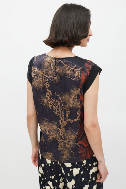 Dries Van Noten Black 
Multicolour Silk Printed Panelled Top