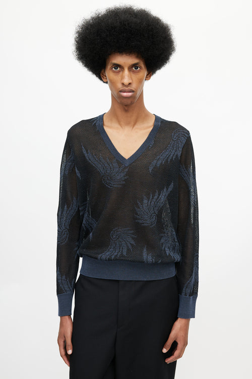 Dries Van Noten Black 
Navy Floral Knit Sweater