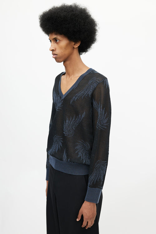 Dries Van Noten Black 
Navy Floral Knit Sweater