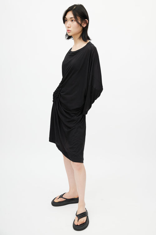 Dries Van Noten Black Ruched Long Sleeve T-Shirt Dress