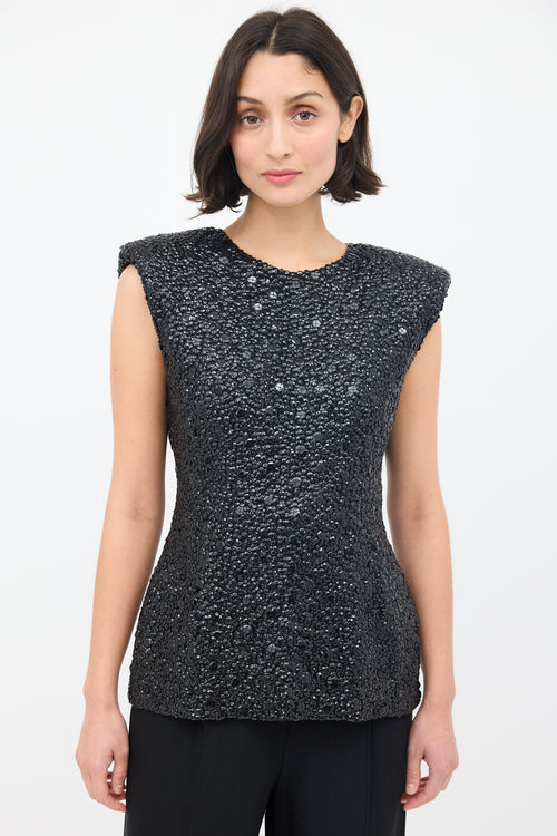 Dries Van Noten Black Sequin Embellished Shoulder Pad Tank Top